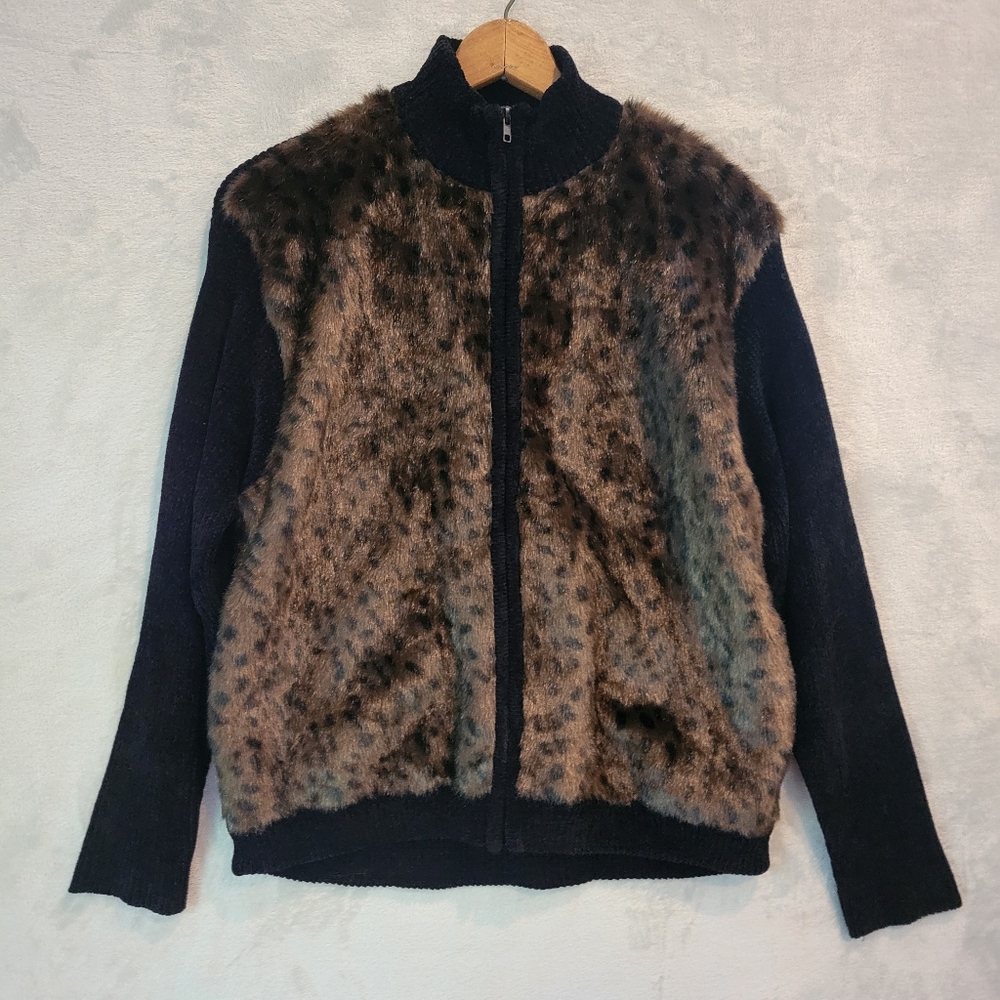 Vintage 90s Lisa International Faux Fur Leopard Chenille Zip Cardigan XL